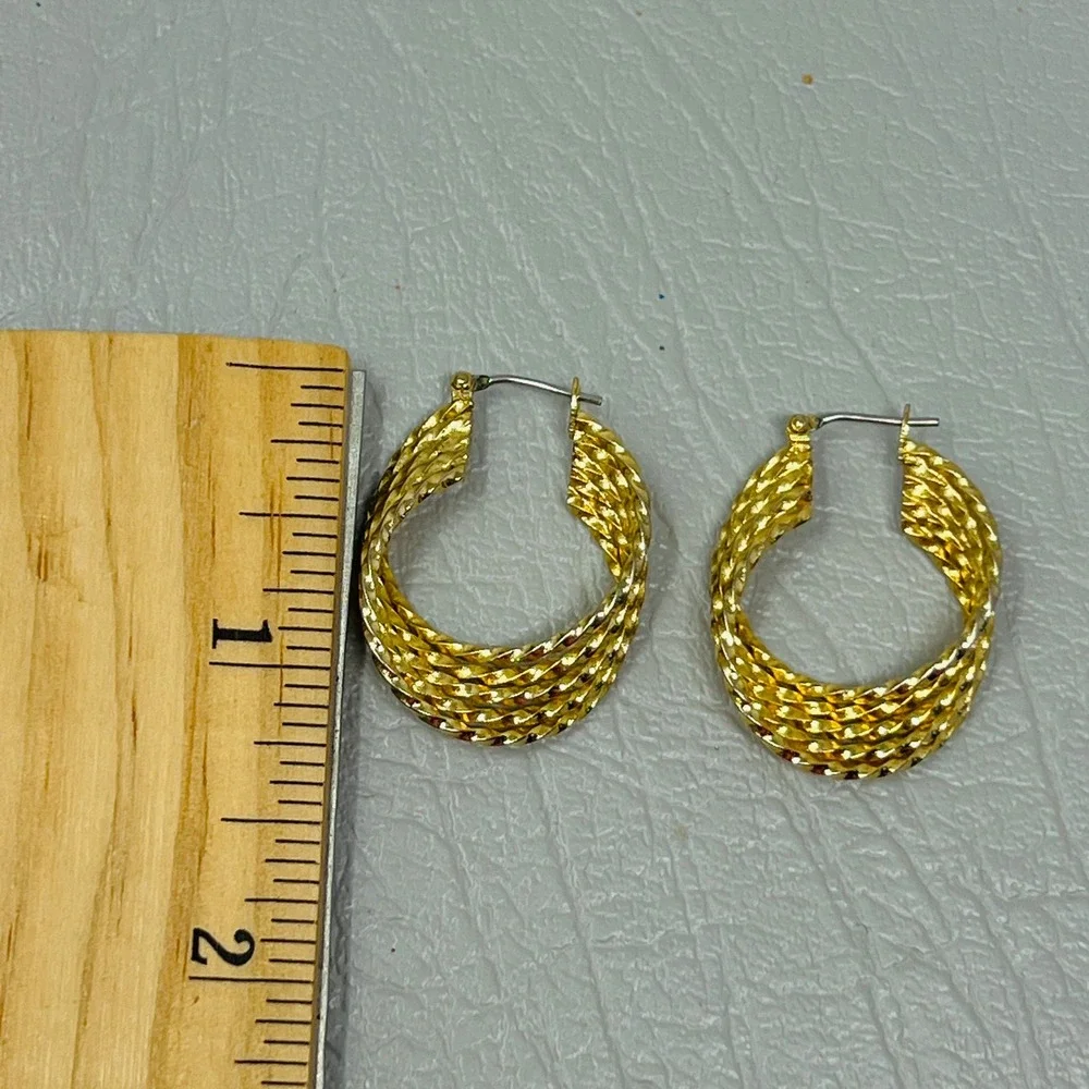 Gold Tone Twisted Multi‎ Strand Hoop Earrings Textured Basketweave Style